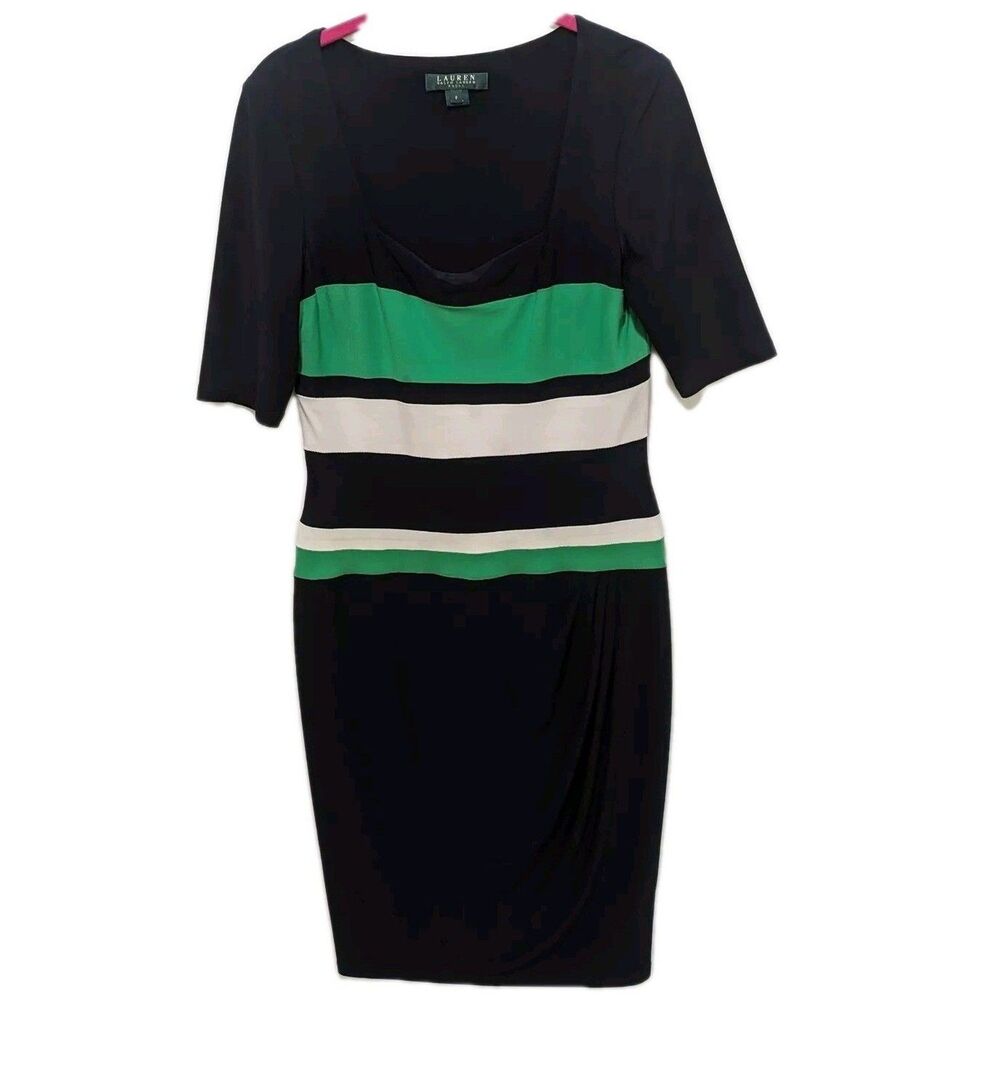 Lauren Ralph Lauren Navy Green Colorblock Dress Stripe Square Neck Size 6